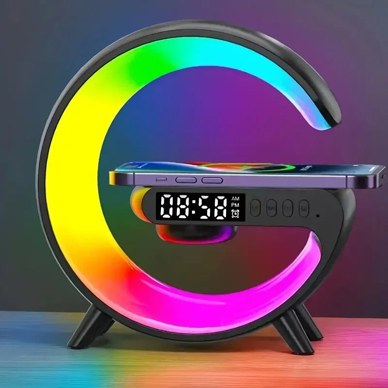 Best Sellers Colorful LED alarm clock with phone charging dock in the shape of a letter G.