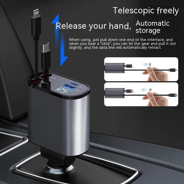 TurboCharge Car Adapter with telescopic storage, dual USB ports for fast charging on the go.