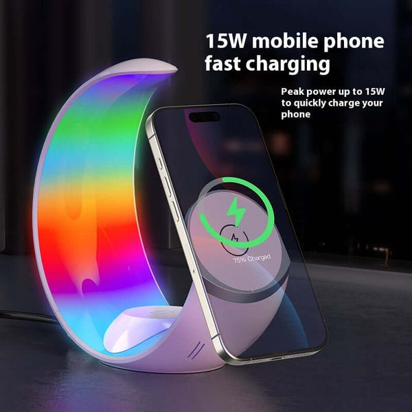Glow & Charge Light Hub showcasing 15W fast charging with colorful illumination, ideal for night routines.