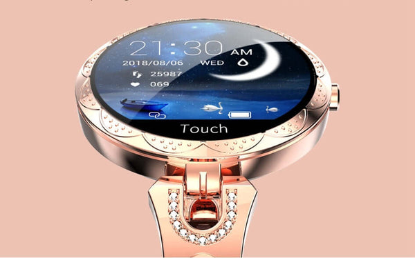 Chic Women's Smart Watch displaying time and health monitoring features with elegant design and touchscreen interface.