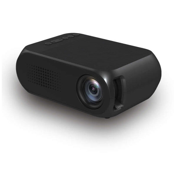 Mini HD Home Projector displayed at an angle, showcasing its compact design and lens for home entertainment.
