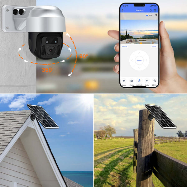 Sun-Powered Security Camera with solar panel, smartphone control, and 360-degree rotation for home security.
