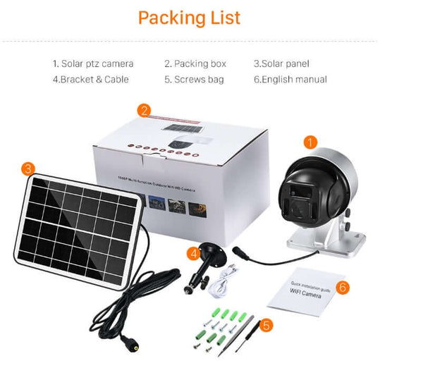 Packing list for Sun-Powered Security Camera including solar camera, panel, manual, and installation tools.