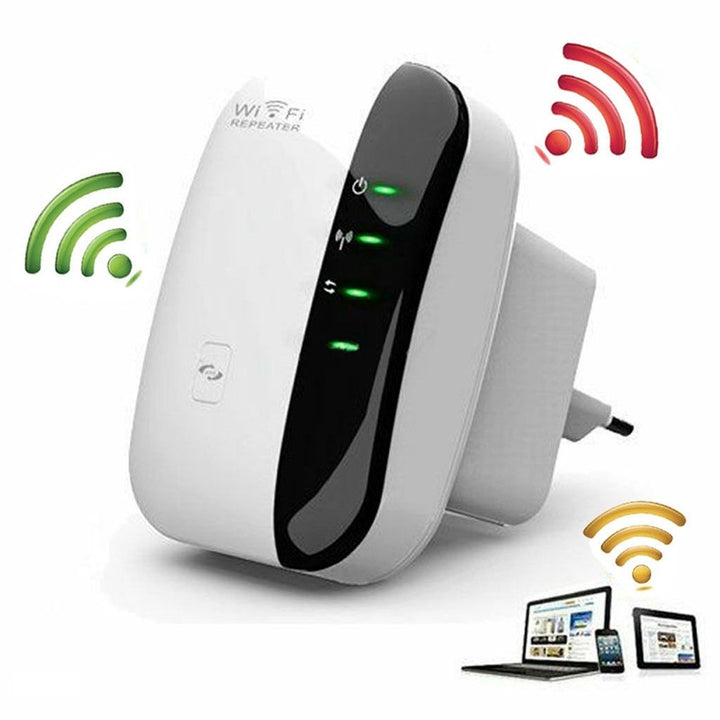 Ultimate Wifi Boost device for improving signal coverage with WiFi repeater and connectivity icons.
