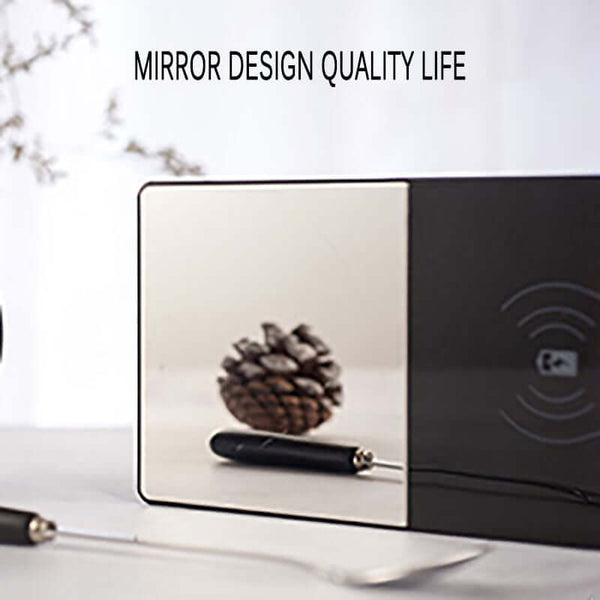 A sleek mirror design showcasing a pinecone with a stylish accessory on a table.