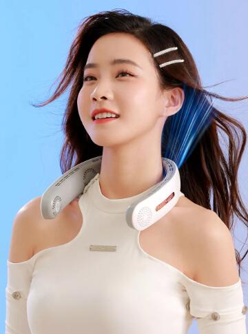 Breeze-Free Neck Fan model showcasing hands-free cooling and stylish design for hot days.