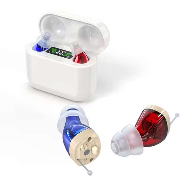 Elderly Sound Boost Earbuds displayed in charging case, featuring clear red and blue earbuds for enhanced sound clarity.