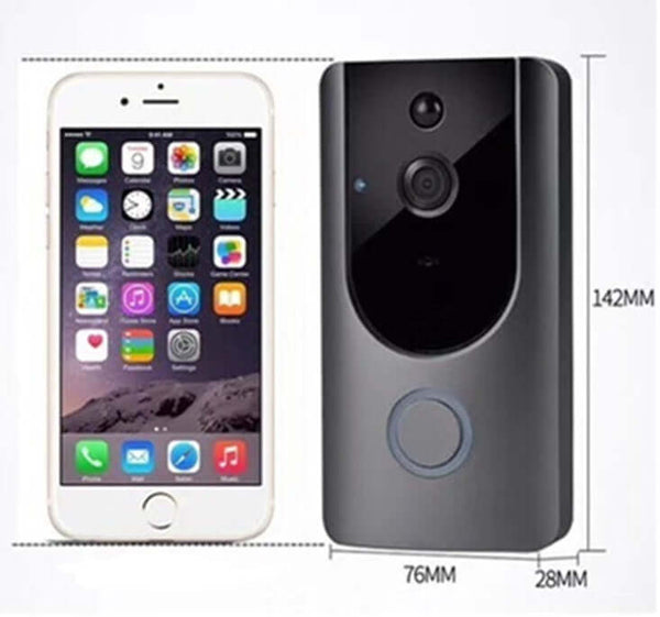 Smart Home Doorbell Camera next to a smartphone with dimensions labeled for comparison.