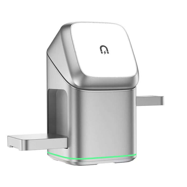 Magnetic Wireless Charger Hub for multiple devices, sleek design, fast charging, and workspace decluttering.
