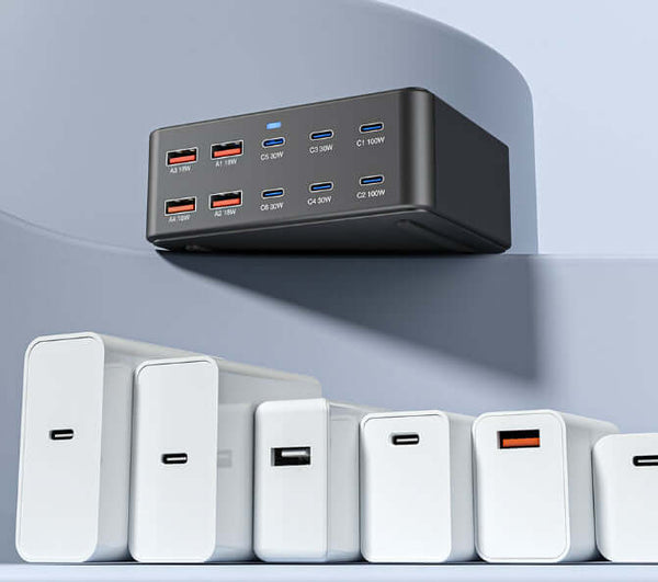 Blazing Speed Power Hub charging multiple devices with USB ports on a sleek modern design.