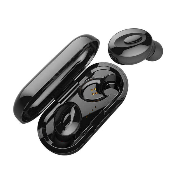 Freedom Sound Sports Earbuds in a charging case, showcasing sleek black design and wireless convenience.