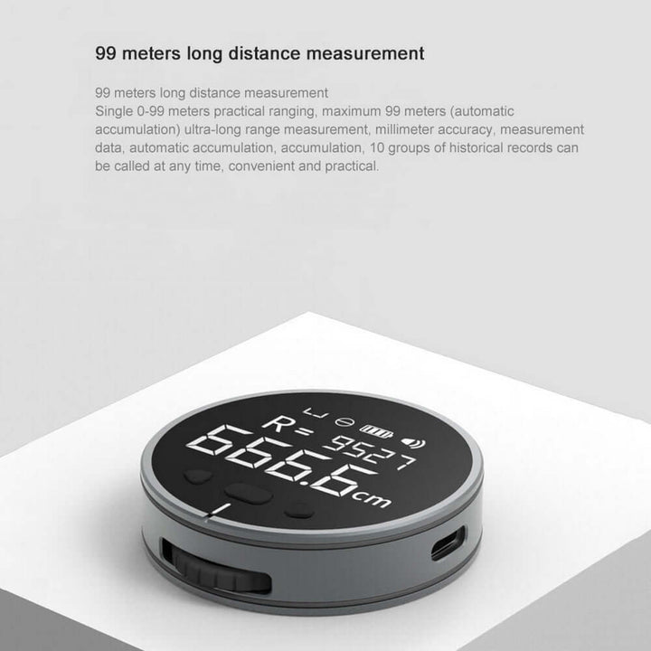 High-Tech Digital Tape Measure with digital display showing measurement results and long-distance capabilities.