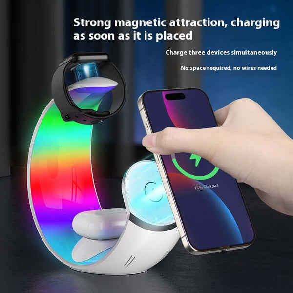 Glow & Charge Light Hub with strong magnetic attraction, charging multiple devices wirelessly and effortlessly.