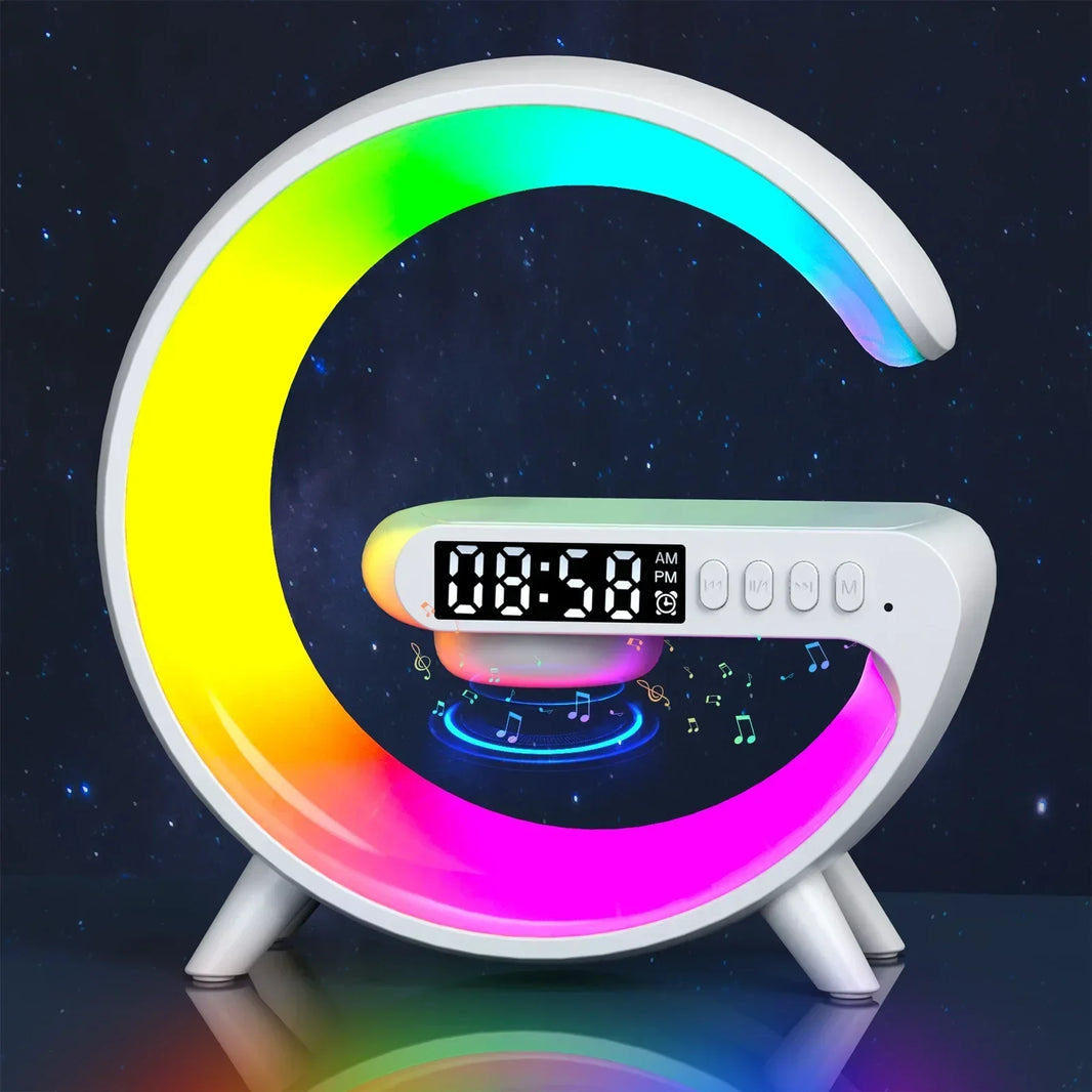 Ultimate wireless charger hub with vibrant RGB lighting and digital clock display.