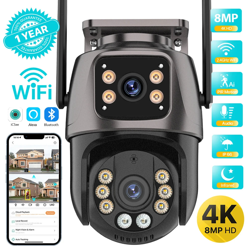 AI Dual-Lens Outdoor Security Camera — 360° Tracking & Color Night Vision