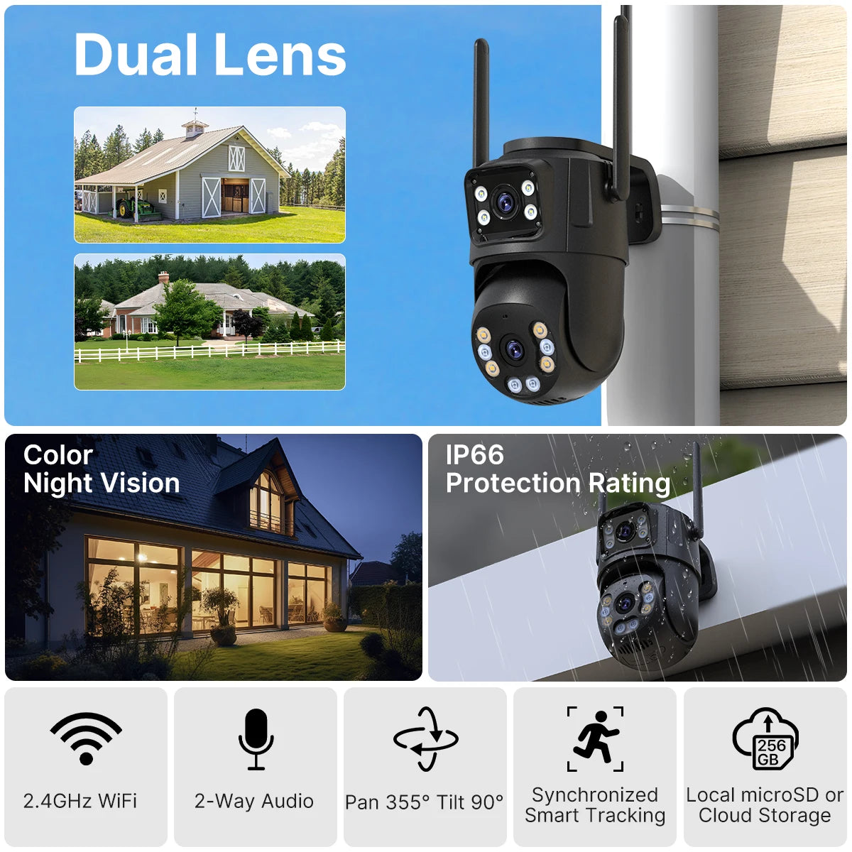 AI Dual-Lens Outdoor Security Camera — 360° Tracking & Color Night Vision