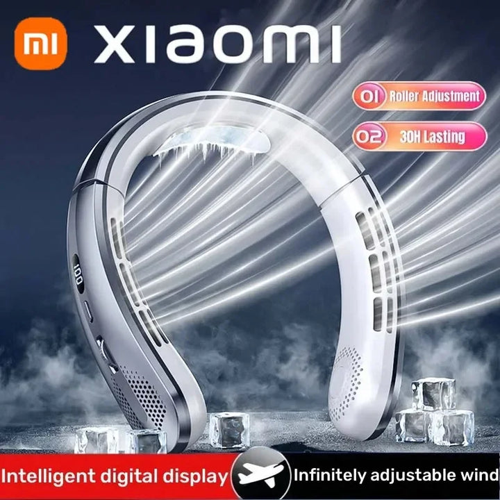 Portable Bladeless Neck Fan by Xiaomi with adjustable airflow and intelligent digital display for hands-free cooling.