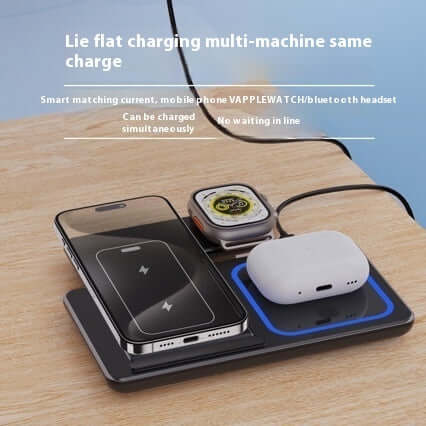 Ultimate Wireless Charging Hub lying flat with smartphone, smartwatch, and earbuds charging simultaneously.