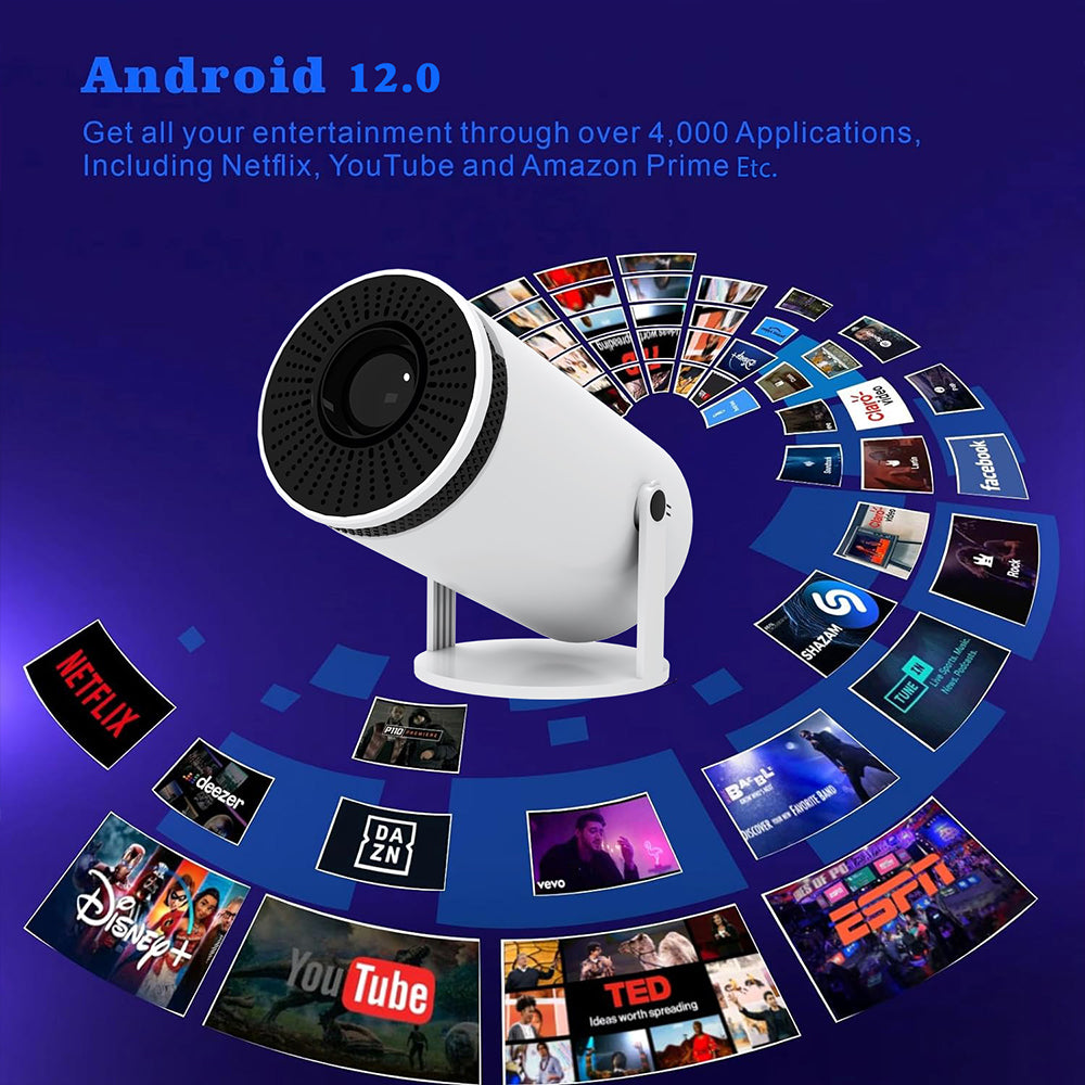 Mini projector for home entertainment featuring Android 12.0 and accessibility to over 4,000 apps like Netflix.