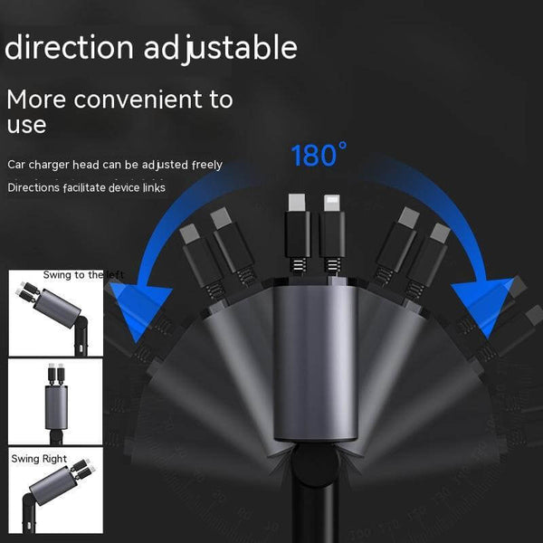 TurboCharge Car Adapter with adjustable direction, allowing 180° swing for convenient charging of devices.